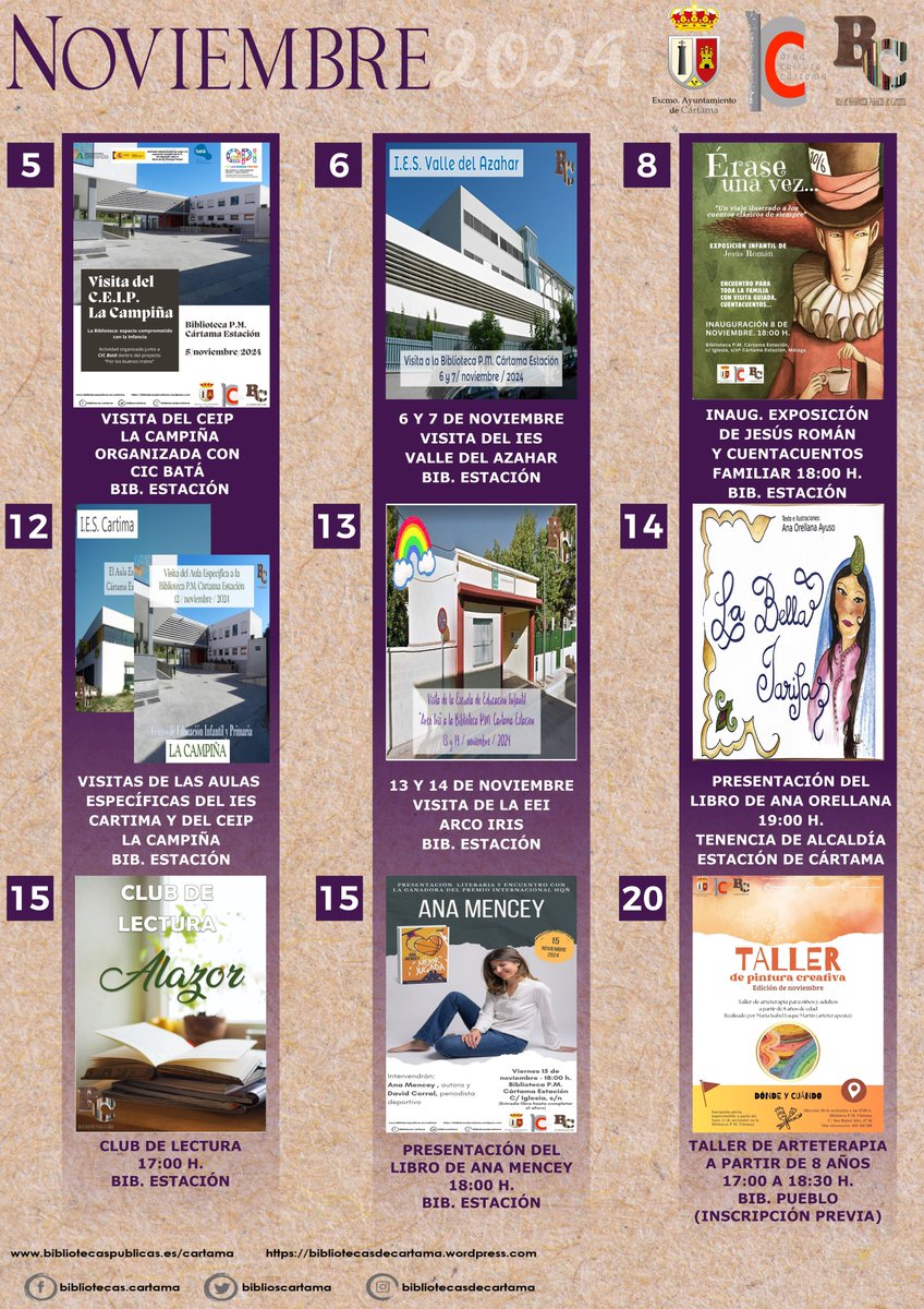 𝐀𝐜𝐭𝐢𝐯𝐢𝐝𝐚𝐝𝐞𝐬 𝐩𝐚𝐫𝐚 𝐞𝐥 𝐦𝐞𝐬 𝐝𝐞 𝐧𝐨𝐯𝐢𝐞𝐦𝐛𝐫𝐞 

La Red de Bibliotecas Públicas de Cártama acogerá variadas actividades de animación a la lectura y dinamización destinadas a todos los públicos. 

Más info:  bibliotecasdecartama.wordpress.com/2024/10/30/act…