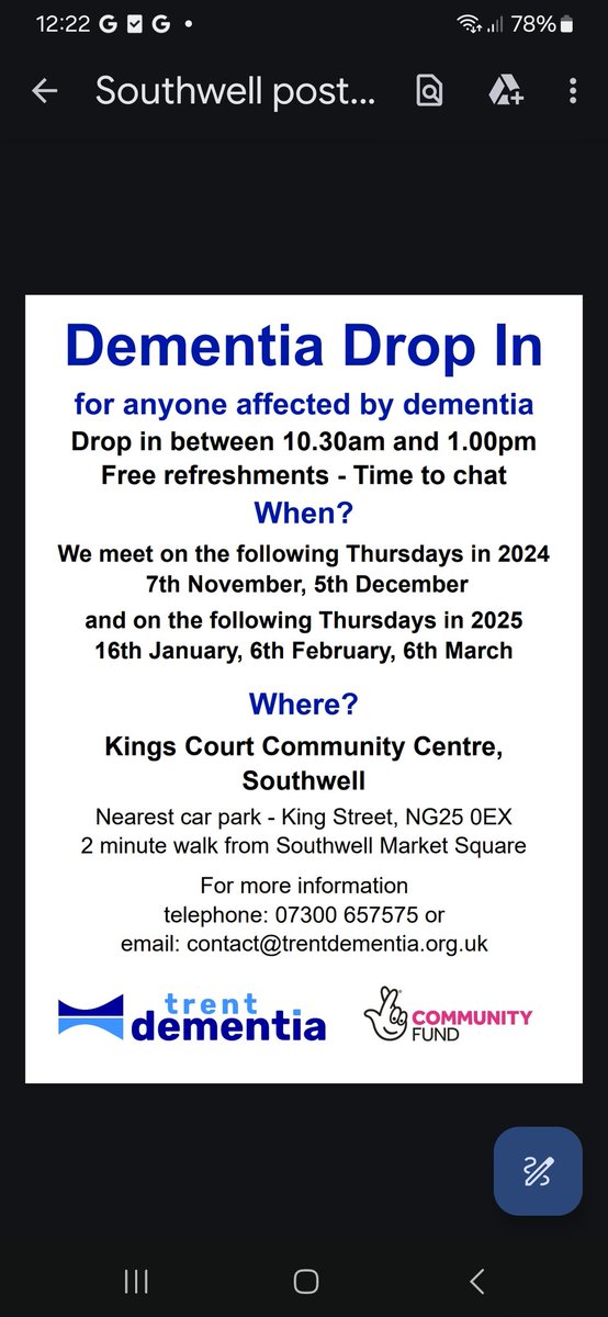 Great news ...

Our Dementia Drop In, funded by <a href="/TNLComFund/">The National Lottery Community Fund</a>, will continue to meet at Kings Court Community Centre in #Southwell.

These sessions provide space for people affected by #dementia to meet and chat. Anyone affected by #dementia is welcome.