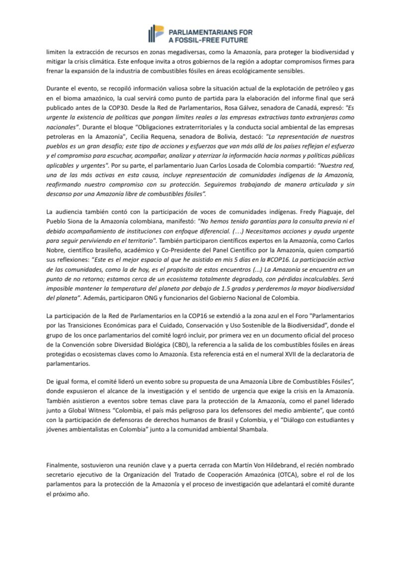 parlfossilfree's tweet image. 📑🌿#ComunicadoDePrensa de la participación de la Red de Parlamentarios Por Un Futuro Libre de Combustible Fósil en la #COP16Colombia 🇨🇴 y la entrega oficial de la carta a @LeonorZalabata para detener y salir gradualmente de los proyectos de exploración de combustibles fósiles en…