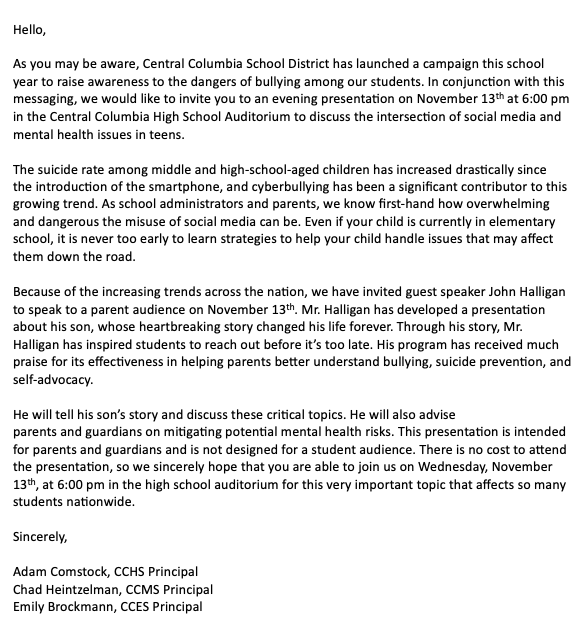 Please join us in the Central Columbia HS
Auditorium on Wednesday, Nov. 13th
From 6:00-7:00 PM. There is no cost to
attend this event.
