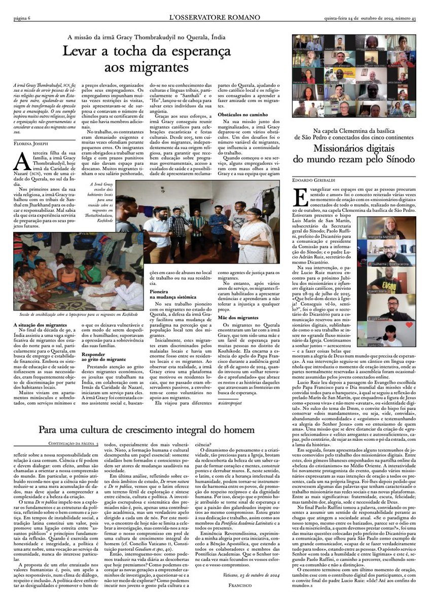 oss_romano's tweet image. 30deoutubro. Edição semanal em língua portuguesa. A missão da irmã Gracy Thombrakudyil na #Índia: «Levar a esperança aos migrantes».
#sistersproject
Missionários digitais dos cinco continentes rezam pelo #Sínodo.
bit.ly/2Y9Rarw
