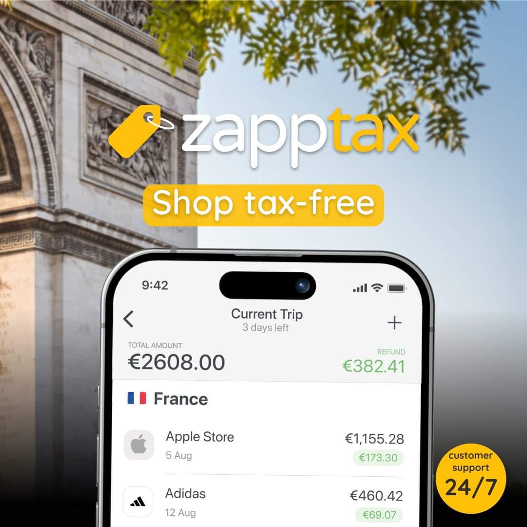 ✨ Experience an exceptional and unforgettable trip to France.
Discover ZappTax, the revolutionary tax-free shopping app that opens the doors to advantageous shopping with unbeatable prices!
With ZappTax, the tax refund process becomes a breeze. zapp.tax/49mSbep #ad
