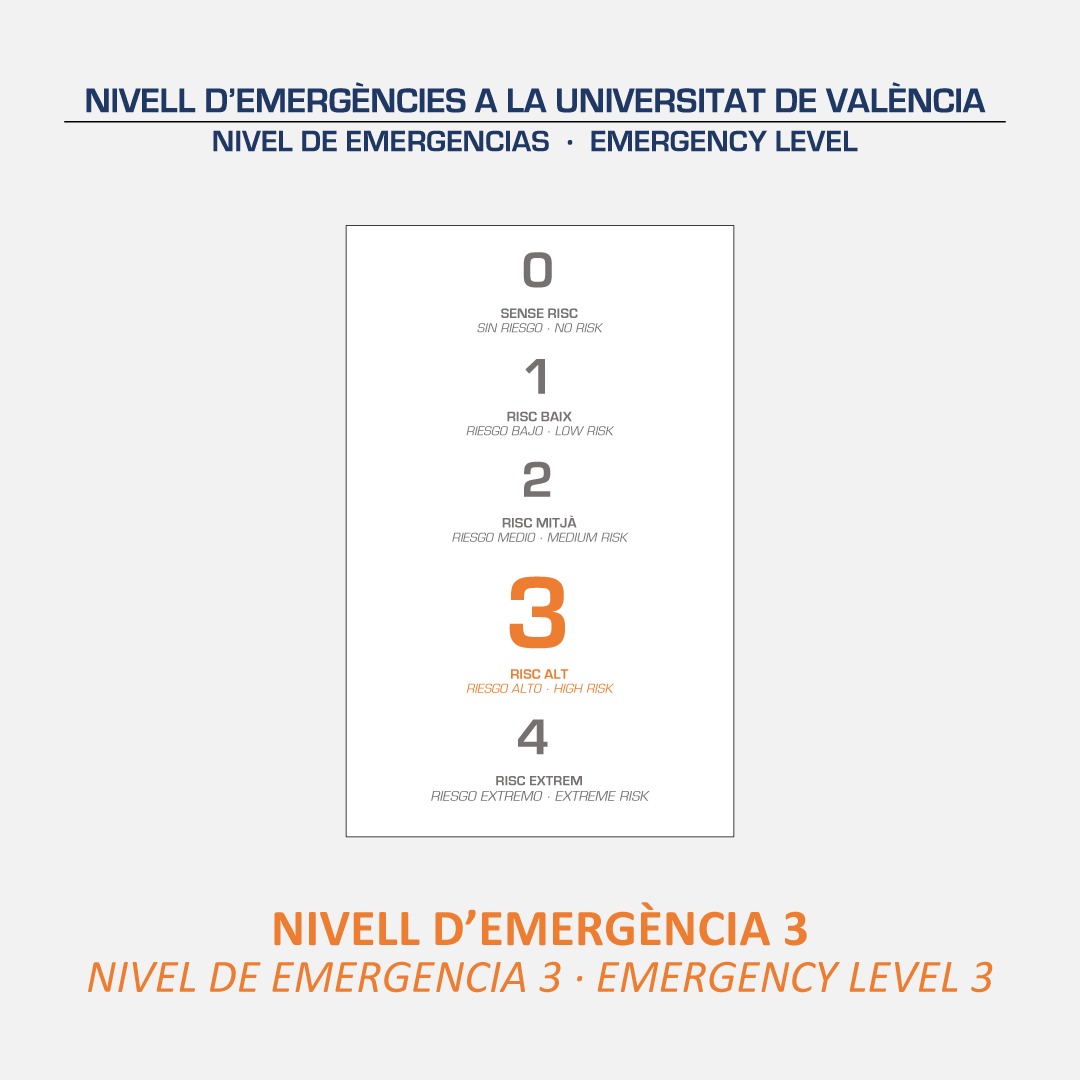 Universitat València (@uv_eg) on Twitter photo 🚨 La UV mantindrà el nivell d'emergència 3 fins al diumenge 3 de novembre a les 23:59 h. 🚨 
La #UV agraeix el suport dels serveis d’emergències i expressa el seu condol a les víctimes i a les seues famílies.
Llig el comunicat complet👉uv.es/comunica/difus… 🚨 La UV mantindrà el nivell d'emergència 3 fins al diumenge 3 de novembre a les 23:59 h. 🚨 
La #UV agraeix el suport dels serveis d’emergències i expressa el seu condol a les víctimes i a les seues famílies.
Llig el comunicat complet👉uv.es/comunica/difus…