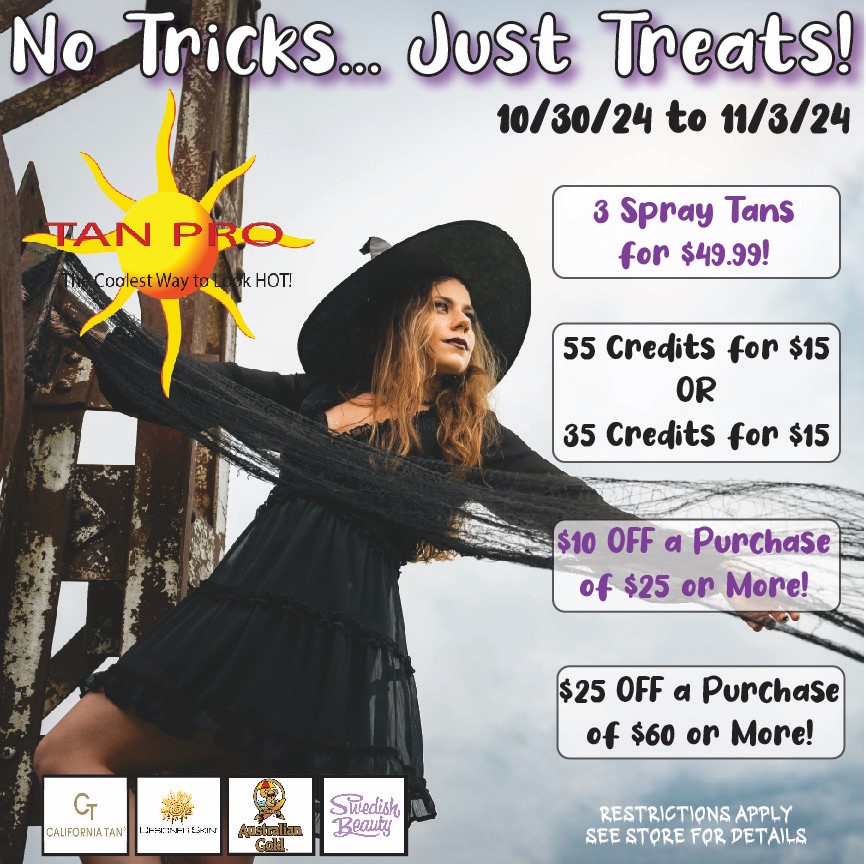 TanProUSA's tweet image. Don't be a 👻 this Halloween... stop into #TanPro for these spooktacular Halloween deals!
Valid until 11/3/24. Restrictions Apply. See store for details.
#tanprousa  #tanning #ohiotanning #sale #halloweensale #spraytan #indoortanning #tanningsalon #versaspa #sunless #tan