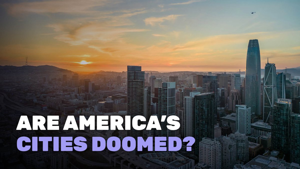 A scenic aerial view of San Francisco's skyline at sunset with the Salesforce Tower visible, overlaid with the text 'ARE AMERICA'S CITIES DOOMED?' in white and purple.