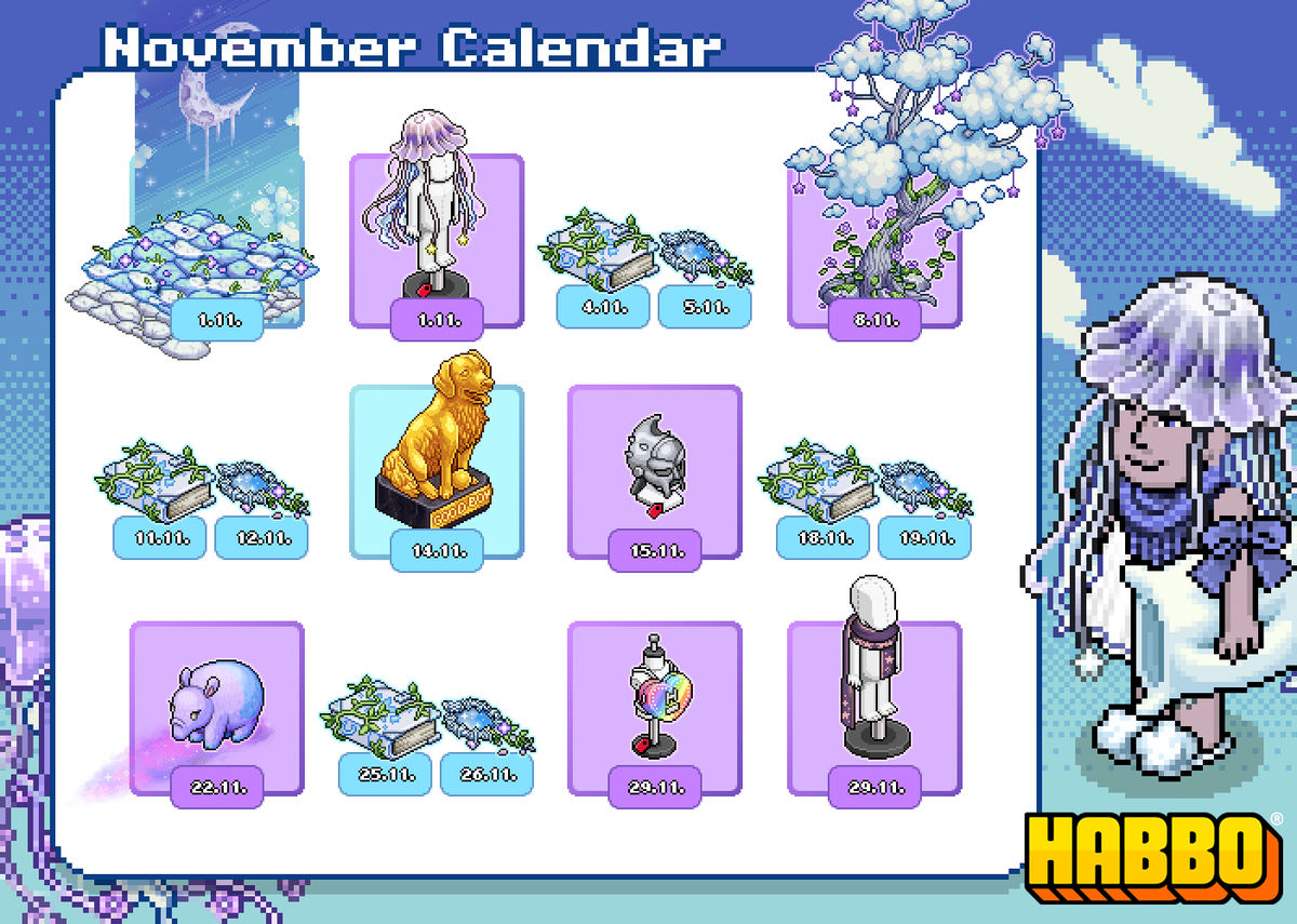 Habbo's tweet photo. 𝗡𝗢𝗩𝗘𝗠𝗕𝗘𝗥 𝗥𝗘𝗟𝗘𝗔𝗦𝗘𝗦: 𝗗𝗿𝗲𝗮𝗺 𝗞𝗶𝗻𝗴𝗱𝗼𝗺 ☁️

You’ll be seeing all these items in your dreams this month ✨ https://t.co/kkuTbifIe6
