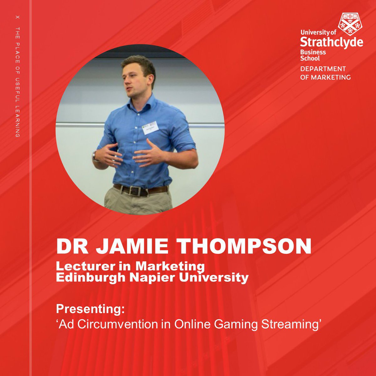 SBS Marketing Department (@marketingstrath) on Twitter photo Today we welcome our neighbour from up the M8, Dr Jamie Thompson <a href="/DrJamieThompson/">Jamie Thompson</a> of <a href="/ENUBusSchool/">The Business School, Edinburgh Napier University</a> , who will be presenting on ‘Ad Circumvention in Online Gaming Streaming’!
Looking forward to your session!
#MarketingStrath 🎮🤳 Today we welcome our neighbour from up the M8, Dr Jamie Thompson <a href="/DrJamieThompson/">Jamie Thompson</a> of <a href="/ENUBusSchool/">The Business School, Edinburgh Napier University</a> , who will be presenting on ‘Ad Circumvention in Online Gaming Streaming’!
Looking forward to your session!
#MarketingStrath 🎮🤳