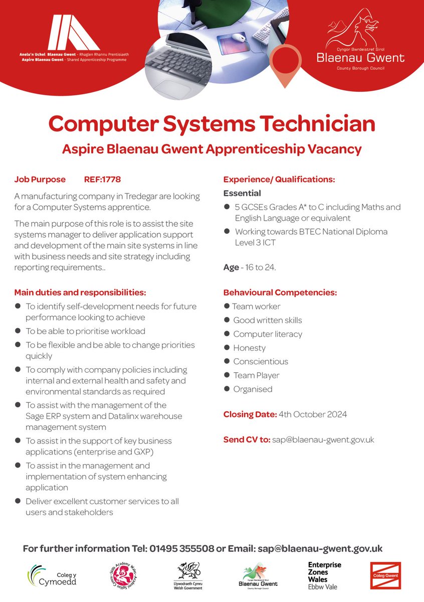 Latest Apprenticeship Opportunity 📢 

Apprenticeship: Computer Systems Technician 
Location: Tredegar
Qualification: Digital Infrastructure Engineer
Start Date: November/December

Apply by sending your CV to: sap@blaenau-gwent.gov.uk ✉️ 

Eligibility checks required.