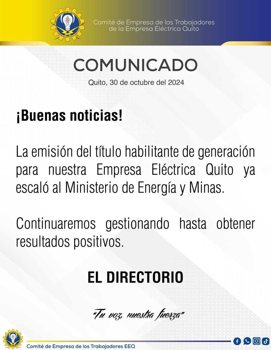 Comité Empresa Quito (@comite_eeq) on Twitter photo La emisión del título habilitante de #generación para la <a href="/ElectricaQuito/">Empresa Eléctrica Quito</a> ya escaló al <a href="/RecNaturalesEC/">Ministerio de Energía y Minas Ecuador🇪🇨</a>. <a href="/ecuavisa/">Ecuavisa</a> <a href="/inesmanzano/">Ines Manzano</a> <a href="/radio_pichincha/">Radio Pichincha</a> <a href="/fabriciovelav/">Fabricio Vela</a> <a href="/teleamazonasec/">Teleamazonas</a> <a href="/radio_pichincha/">Radio Pichincha</a> <a href="/LaPosta_Ecu/">La Posta</a> La emisión del título habilitante de #generación para la <a href="/ElectricaQuito/">Empresa Eléctrica Quito</a> ya escaló al <a href="/RecNaturalesEC/">Ministerio de Energía y Minas Ecuador🇪🇨</a>. <a href="/ecuavisa/">Ecuavisa</a> <a href="/inesmanzano/">Ines Manzano</a> <a href="/radio_pichincha/">Radio Pichincha</a> <a href="/fabriciovelav/">Fabricio Vela</a> <a href="/teleamazonasec/">Teleamazonas</a> <a href="/radio_pichincha/">Radio Pichincha</a> <a href="/LaPosta_Ecu/">La Posta</a>