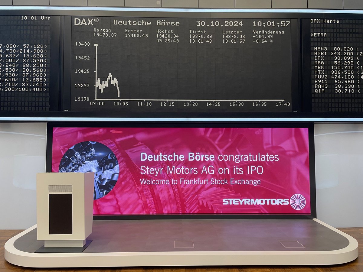 #IPO: Welcome to the Scale segment of the Börse Frankfurt, Steyr Motors AG! 🎉

Steyr Motors AG today celebrated a successful listing in the Scale segment of the Börse Frankfurt. The first price of the share was 15.90 euros. The specialist on the  is Wolfgang Steubing AG.