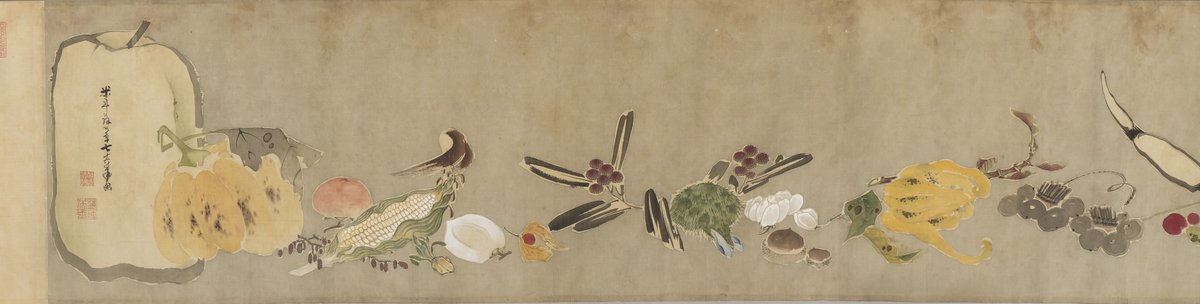 NihonBijutsushi's tweet photo. 伊藤 若冲　いとう じゃくちゅう　Itō Jakuchū　1716–1800

《果蔬図巻》
かそずかん

1791年・18世紀・江戸時代
絹に彩色・絵巻
京都・福田美術館 https://t.co/zx5Uv4Gelz