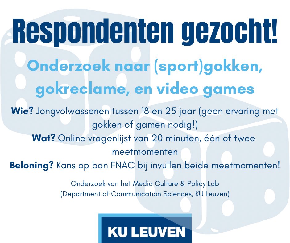 Voor een nieuwe studie ben ik op zoek naar jongvolwassenen die 20 minuutjes willen vrijmaken voor het invullen van onze vragenlijst rond video games en gok- en kansspelen. Ervaring niet vereist! Zin om mee te doen? ➡️ tinyurl.com/gamengokken