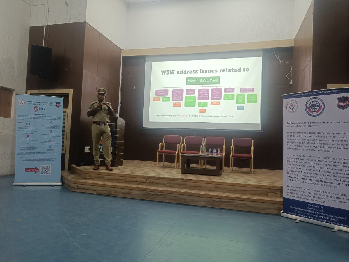 tg_womensafety's tweet photo. Under the guidance of @Shikhagoel_IPS DGP #WomenSafetyWing, Insp.Sathyanarayana & SI P.Hareesh of #SheCyberLab addressed students at VBIT for the Cyber Aware: Digital Awareness & Empowerment event. They emphasized #CyberCrimes against #women & #children & future of #CyberSecurity https://t.co/sil6zNKCKD
