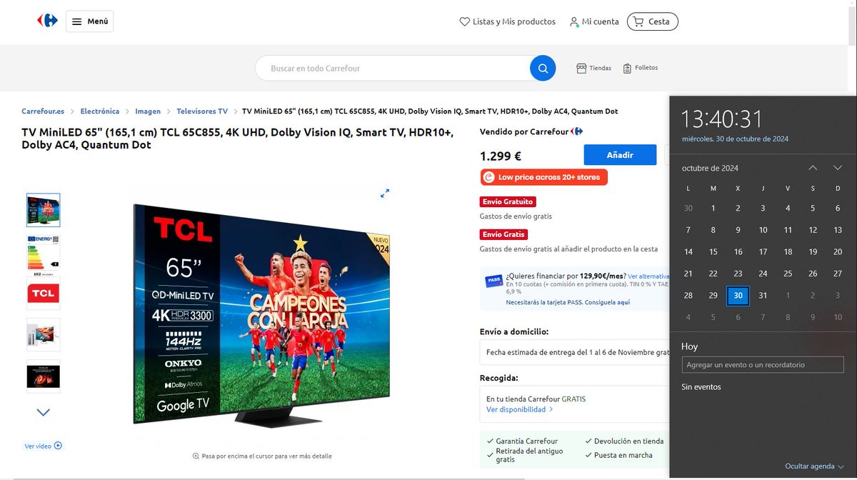 Pues nada, ante la NO respuesta de <a href="/CarrefourES/">Carrefour España</a> hoy he puesto una denuncia en consumo.

Los tiempo de envíos que daban era entre el 28 y 31 de Octubre...que curioso...hoy está en stock la TV por 1299€.

Suerte con la denuncia :)