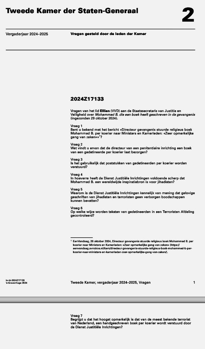 Bram de Waal (@bramdewaal) on Twitter photo Een handgeschreven pamflet van de bekendste terrorist van ons land werd door DJI per koerier bezorgd bij ministers en Kamerleden, zo onthulde <a href="/EenVandaag/">EenVandaag</a> deze week.
De VVD stelt vragen aan de staatssecretaris van Justitie en Veiligheid.
eenvandaag.avrotros.nl/item/directeur… Een handgeschreven pamflet van de bekendste terrorist van ons land werd door DJI per koerier bezorgd bij ministers en Kamerleden, zo onthulde <a href="/EenVandaag/">EenVandaag</a> deze week.
De VVD stelt vragen aan de staatssecretaris van Justitie en Veiligheid.
eenvandaag.avrotros.nl/item/directeur…