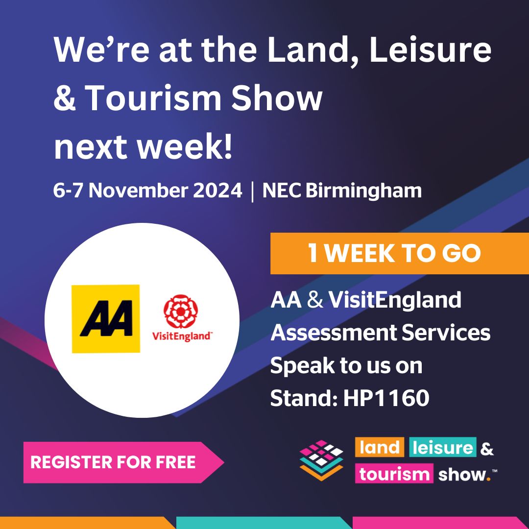 AAHospitality's tweet photo. Only 1 week to go!
Join us at next week’s @lltshow on 6-7 November, alongside @VisitEnglandBiz.
Speak to our team on Stand HP1160, to discover how we can help your business thrive.
Register today 👉 https://t.co/0dDgeFh2BE
#LLT #LLT24 #growyourbusines #uktourism #staycation https://t.co/A6Divtudu5
