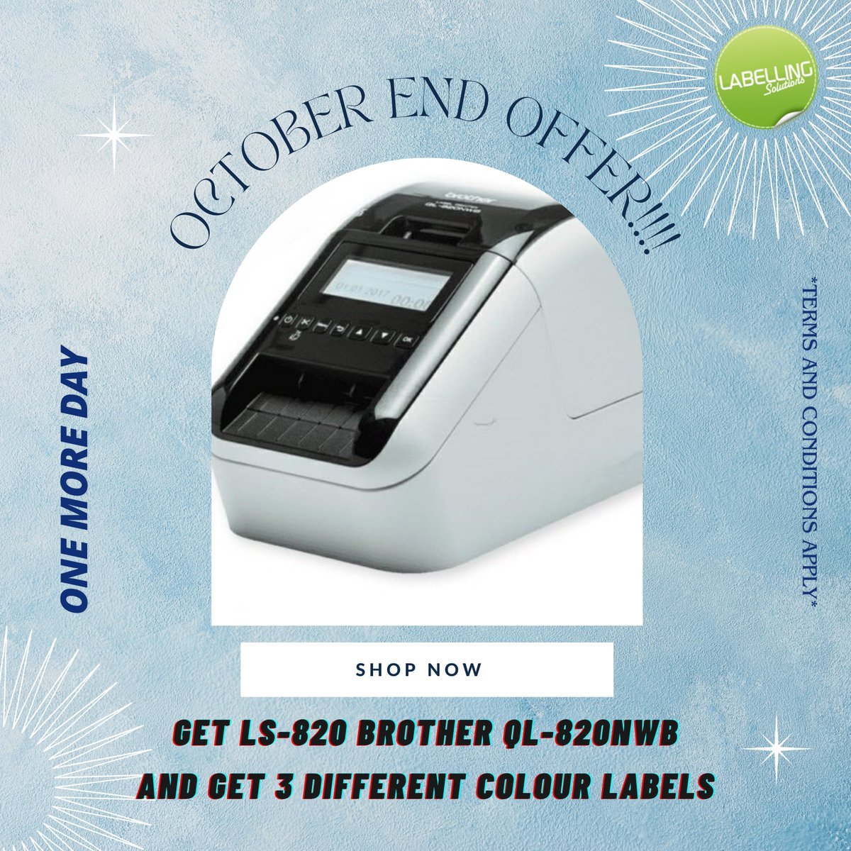 The offer will soon expire @labelling_solutions

Get LS-820 Brother QL-820NWB label printer and
Get 3 Free Different Colour Labels
#labellingmachines #thermallabel #parcelservice #free
Offers starts from 28 October to 31 October
*Terms and Conditions Apply*