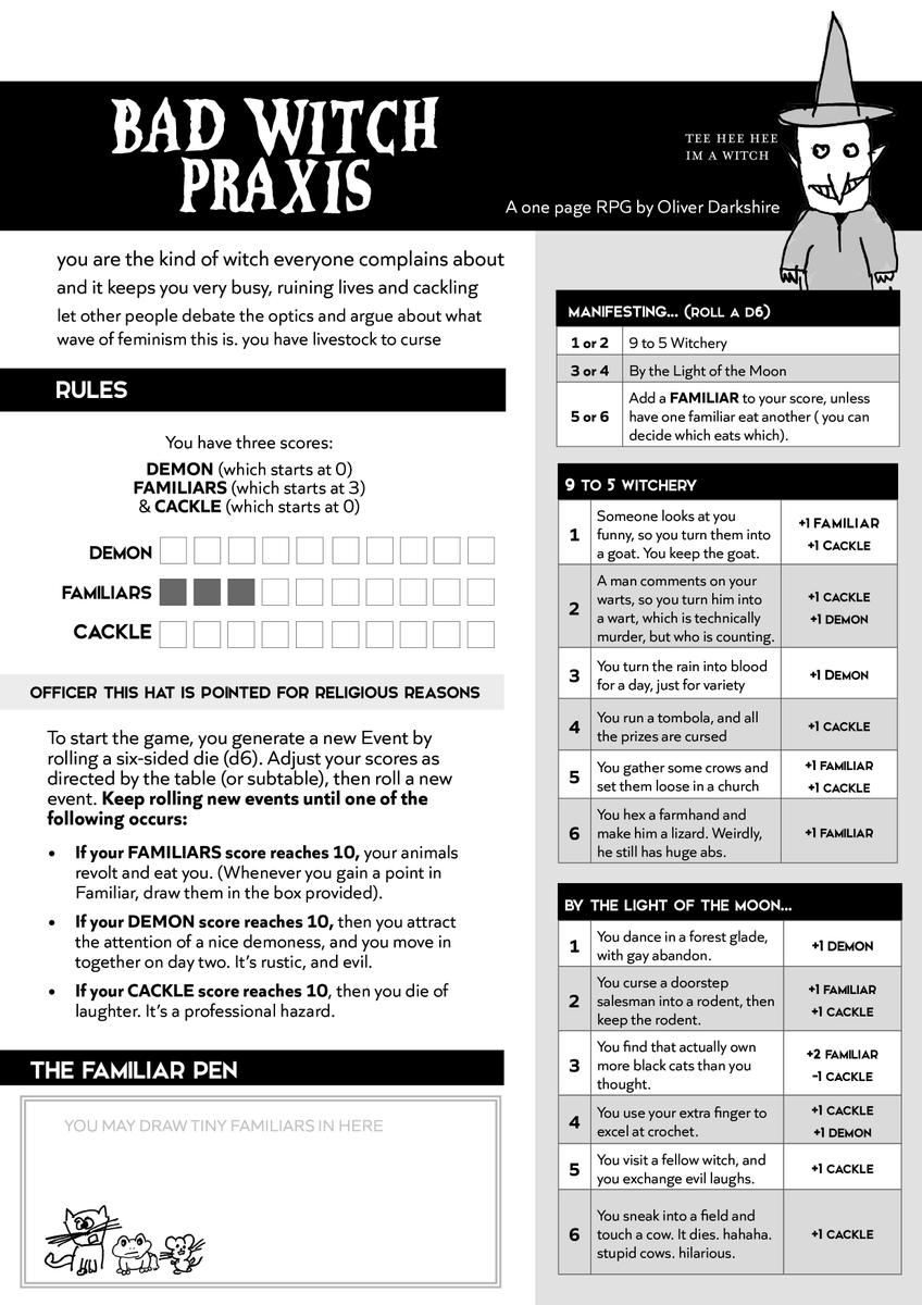 here is Bad Witch Praxis, a one page rpg about being the kind of witch we try not to tell stories about because it lacks nuance, but it does let you kill a bunch of people and thats real community imo