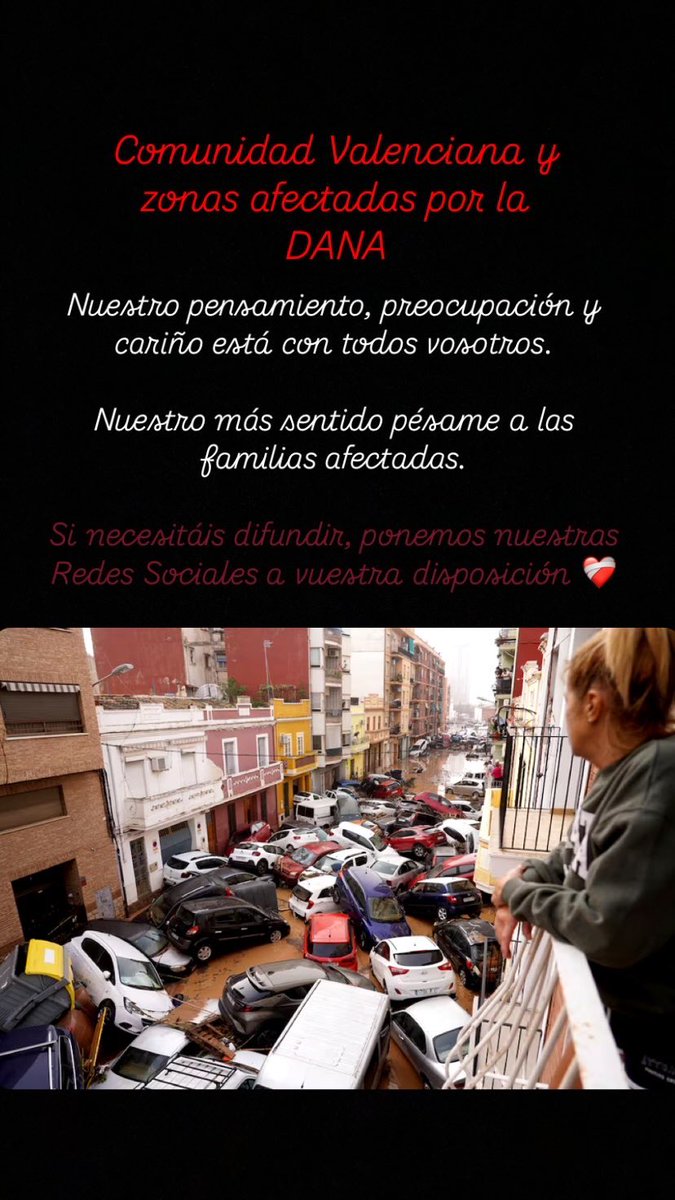 lavidaesalgomas's tweet photo. Comunidad Valenciana y resto de zonas afectadas por la #dana❤️‍🩹
No damos crédito a lo que estamos viendo.
Estamos con vosotros con nuestro pensamiento, cariño y preocupación. 
Nuestro pésame a los familiares de las víctimas. Sentimos mucho lo ocurrido a todos los damnificados. https://t.co/mL6YF4ig3Y