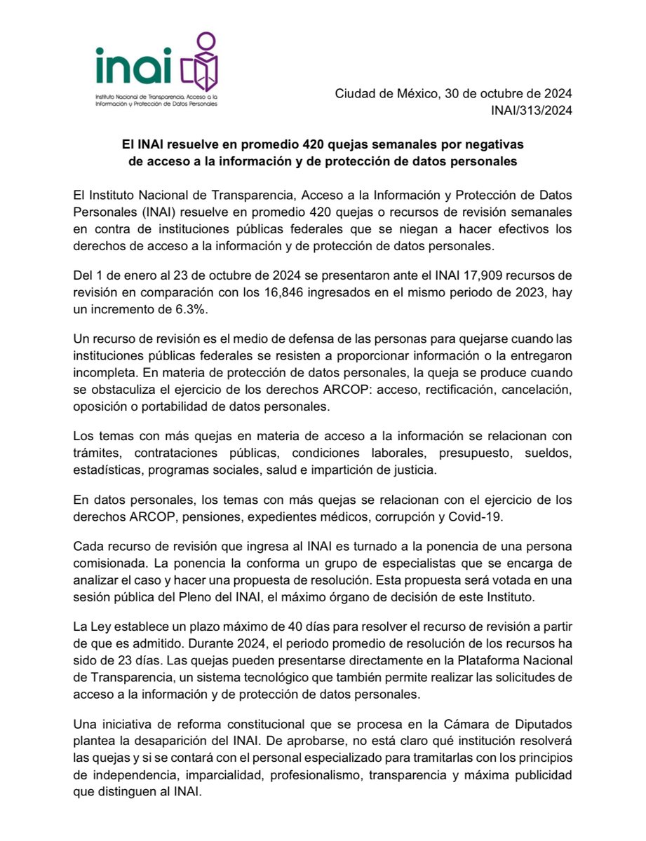 📃 #ElINAIteInforma

El INAI resuelve en promedio 420 quejas semanales por negativas
de acceso a la información y de protección de datos personales

🔗 ow.ly/E1pz50TWfya