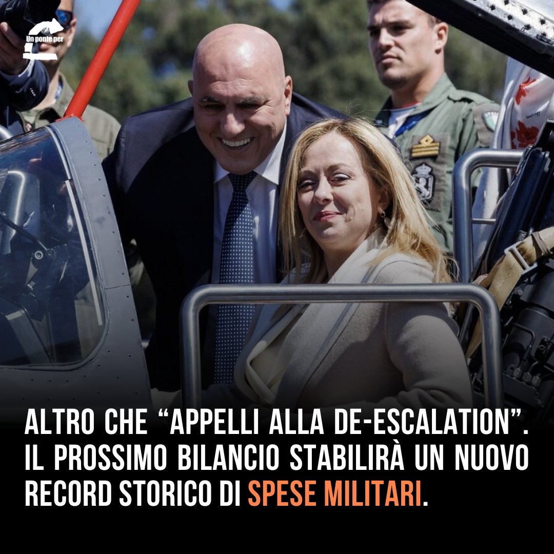 Un Ponte Per (@unponteper) on Twitter photo La spesa militare italiana per il 2025 supererà i 32 miliardi, stabilendo un nuovo record storico: +12,4% rispetto al 2024 con 13 mld di nuove armi. Le nuove previsioni di <a href="/OssMilex/">Osservatorio Mil€x sulle spese militari</a> fanno paura e contraddicono con i numeri gli appelli a parole del governo "alla de-escalation". La spesa militare italiana per il 2025 supererà i 32 miliardi, stabilendo un nuovo record storico: +12,4% rispetto al 2024 con 13 mld di nuove armi. Le nuove previsioni di <a href="/OssMilex/">Osservatorio Mil€x sulle spese militari</a> fanno paura e contraddicono con i numeri gli appelli a parole del governo "alla de-escalation".