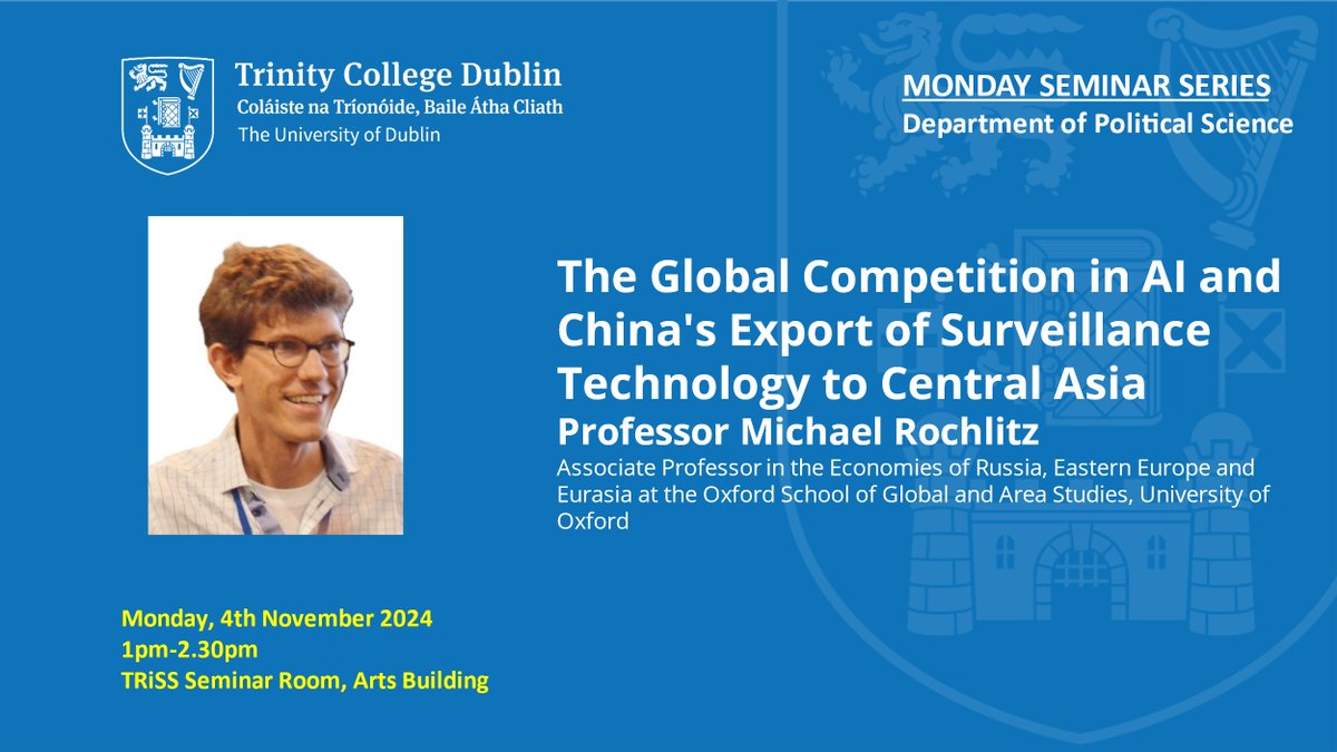 TCD Political Science (@tcdpoliticalsci) on Twitter photo The Department looks forward to welcoming Professor Michael Rochlitz for next week's Monday seminar: tcd.ie/Political_Scie……………
<a href="/TCD_AHSS/">TCD Faculty of Arts Humanities and Social Sciences</a> @TCD_SSP <a href="/tcdeconomics/">TCD Economics</a> <a href="/TCDsociology/">TCD Sociology</a> <a href="/TCDphilosophy/">Department of Philosophy, Trinity College Dublin</a> <a href="/ceph_ie/">Centre for Economics, Policy and History (CEPH)</a> @HistoryTcd <a href="/TCDLawSchool/">TCD Law School</a> @ReligionTCD <a href="/psaitweets/">PSAI</a> The Department looks forward to welcoming Professor Michael Rochlitz for next week's Monday seminar: tcd.ie/Political_Scie……………
<a href="/TCD_AHSS/">TCD Faculty of Arts Humanities and Social Sciences</a> @TCD_SSP <a href="/tcdeconomics/">TCD Economics</a> <a href="/TCDsociology/">TCD Sociology</a> <a href="/TCDphilosophy/">Department of Philosophy, Trinity College Dublin</a> <a href="/ceph_ie/">Centre for Economics, Policy and History (CEPH)</a> @HistoryTcd <a href="/TCDLawSchool/">TCD Law School</a> @ReligionTCD <a href="/psaitweets/">PSAI</a>