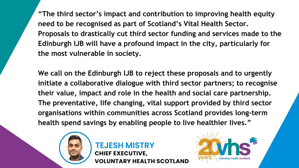Voluntary Health Scotland (@vhscomms) on Twitter photo VHS Chief Executive <a href="/MistryTej/">Tejesh Mistry</a> has commented on the recent cuts being proposed by Edinburgh IJB. What will it take for recognition of the crucial work the third sector are doing to reduce health inequalities? #WEAREVITAL VHS Chief Executive <a href="/MistryTej/">Tejesh Mistry</a> has commented on the recent cuts being proposed by Edinburgh IJB. What will it take for recognition of the crucial work the third sector are doing to reduce health inequalities? #WEAREVITAL