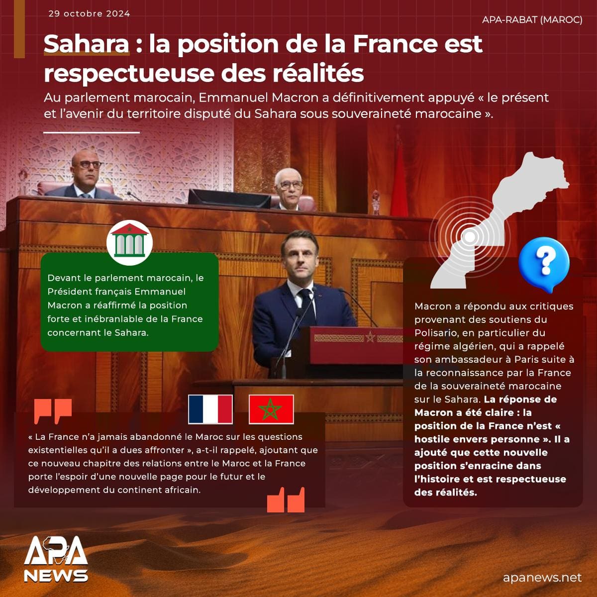 Emmanuel Macron, devant le parlement marocain, a réaffirmé le soutien fort de la France à la souveraineté marocaine sur le Sahara. Ses déclarations ont été bien accueillies, soulignant la nouvelle position influente de la France. En savoir plus: 1l.ink/7LM4GP5