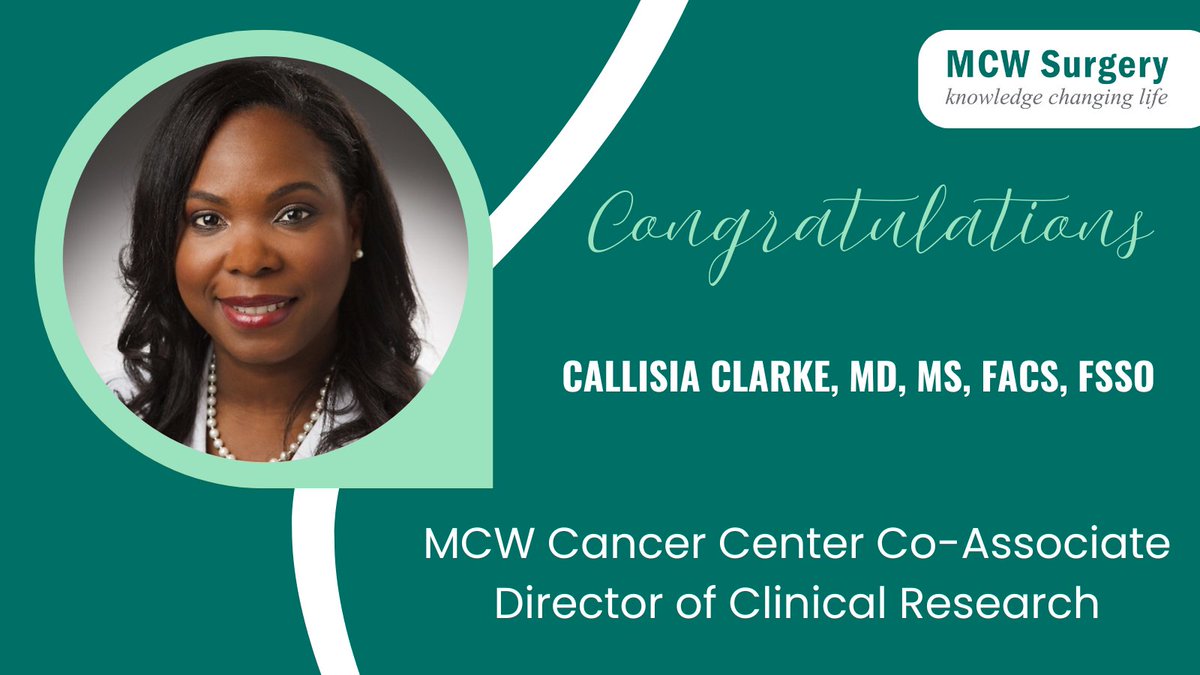 MCW Surgery (@mcwsurgery) on Twitter photo Congratulations to <a href="/DrCNClarke/">Callisia Clarke MD</a> in her appointment as <a href="/MCWCancerCenter/">MCW Cancer Center</a> Co-Associate Director of Clinical Research! 👏🏻👏🏻👏🏻 #LeadingTheWay <a href="/Froedtert/">Froedtert</a> <a href="/MedicalCollege/">Medical College of Wisconsin</a> Congratulations to <a href="/DrCNClarke/">Callisia Clarke MD</a> in her appointment as <a href="/MCWCancerCenter/">MCW Cancer Center</a> Co-Associate Director of Clinical Research! 👏🏻👏🏻👏🏻 #LeadingTheWay <a href="/Froedtert/">Froedtert</a> <a href="/MedicalCollege/">Medical College of Wisconsin</a>