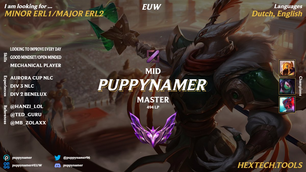 Greetings again, after a lovely stay at <a href="/MindBlueeSports/">Mind Blue</a>. 

I'm LFT as midlaner for 2025, 19 years old, LTR: benelux residency. Open to any offer, but mainly looking for Minor ERL1/Major ERL2. 

References:
<a href="/hanzi_lol/">Hanzi_LoL</a> 
<a href="/Ted_Guru/">Ted Guru</a> 
<a href="/MB_Zolaxx/">Zolaxx</a> 

RT's and likes are much appreciated!