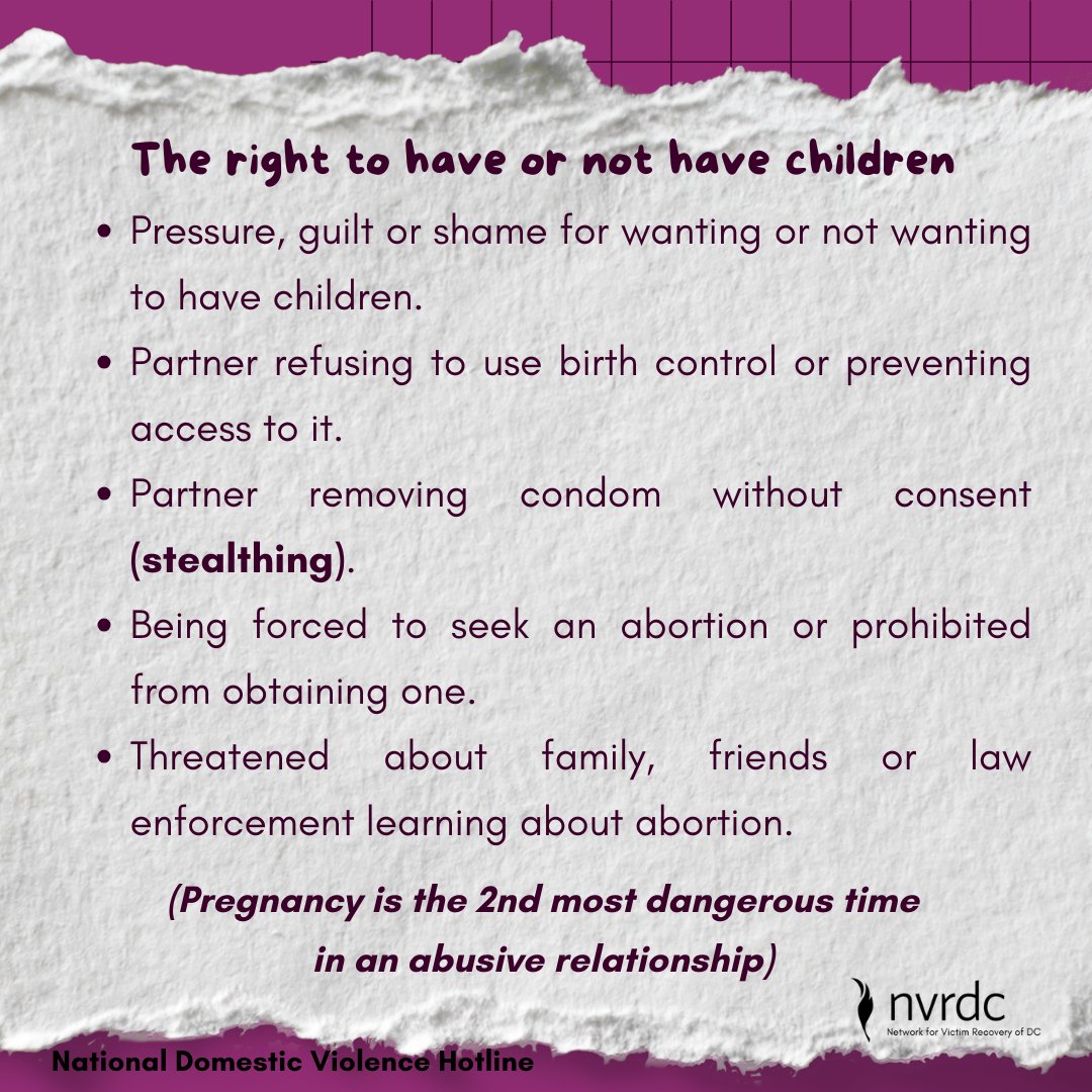 NVRDC's tweet photo. We are continuing to look at DV/IPV through an intersection lens, and this time we are focusing on reproductive justice.
For more information, check out our friends at @dcabortionfund @sistersong_woc @dccadv @movementforchoice
#SpreadLoveDC #DVAM2024 #ReproductiveJustice https://t.co/uv8zorDOfb