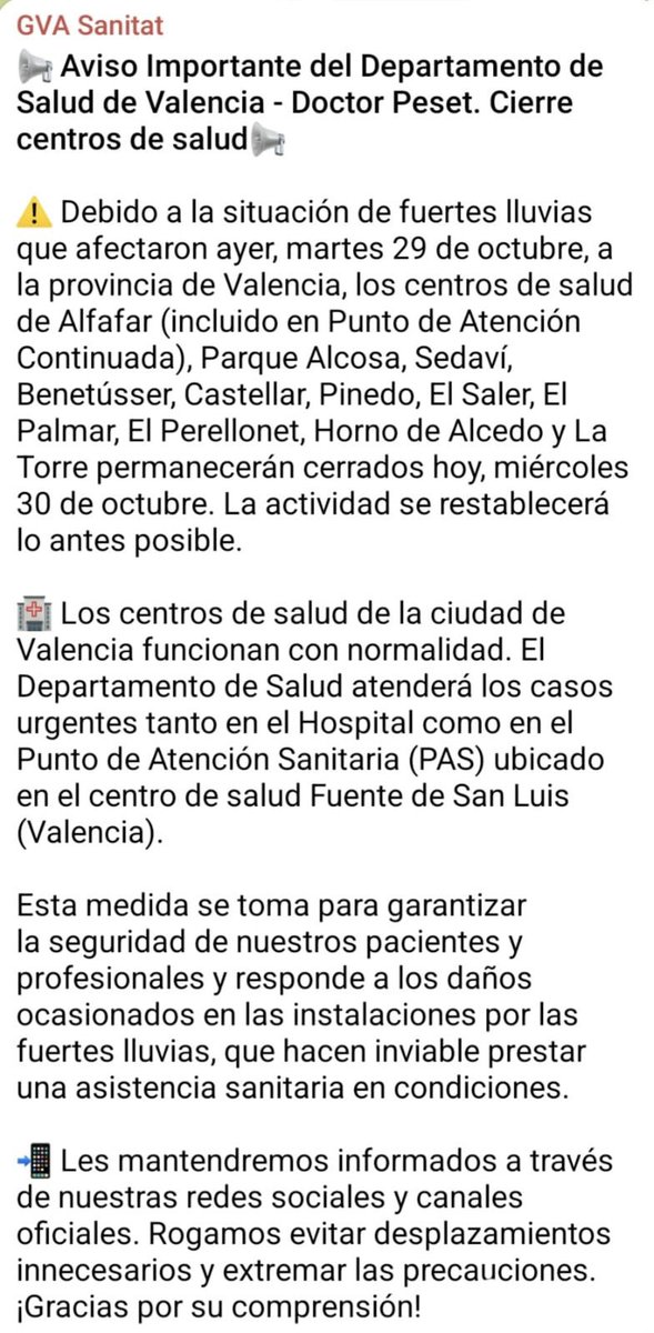 GVADrPeset's tweet photo. 📢 Cierre de centros de salud a consecuencia de las fuertes lluvias de ayer en el departamento de salud de Valencia - Doctor Peset📢

Infórmate ⬇️

cc @AytoAlfafar https://t.co/JiprVPpQhz