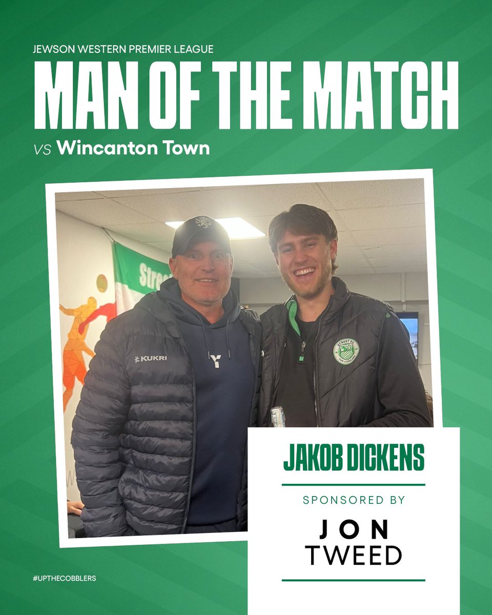 fcstreet's tweet image. You’re man of the match last night vs Wincanton Town was Jakob Dickens. Pictured here being presented by Wayne ‘Bradders’ Bradshaw who has just completed his incredible ‘Walking for Deano’ and come straight up to the next Street game 💚🤍