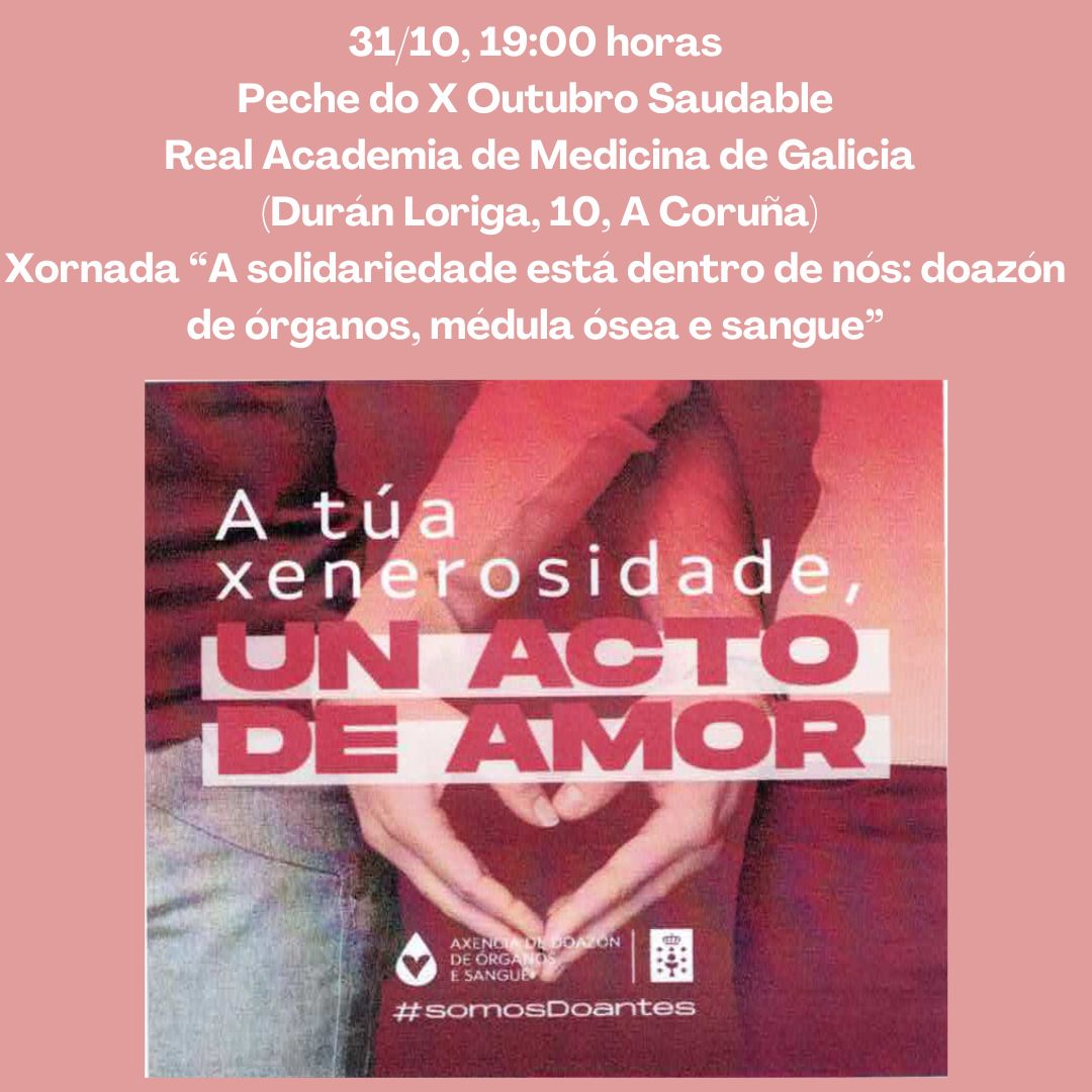 UDC_gal's tweet photo. 📅Mañá 31/10, ás 19:00h. terá lugar o peche do X Outubro Saudable cunha xornada na Real Academia de Medicina de Galicia.
Haberá relatorios de persoal do #CHUAC e @doadoressangue, e o evento será presidido pola vicerreitora do @CIFerrol e o presidente da RAMG.
#UDCSaudable https://t.co/Llt9tdo8aM