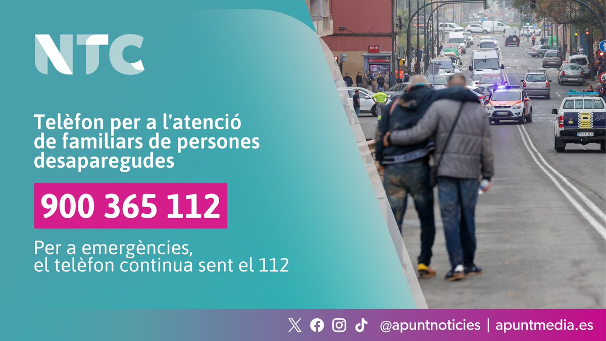 apuntnoticies's tweet photo. 🔴 La @generalitat activa un telèfon per a l'atenció de familiars de persones desaparegudes.

➡ El telèfon és 900 365 112
Reserva este telèfon únicament per a donar informació sobre qualsevol familiar amb què no pots contactar.

Per a emergència, el telèfon continua sent l'112. https://t.co/LBmu41Blfs
