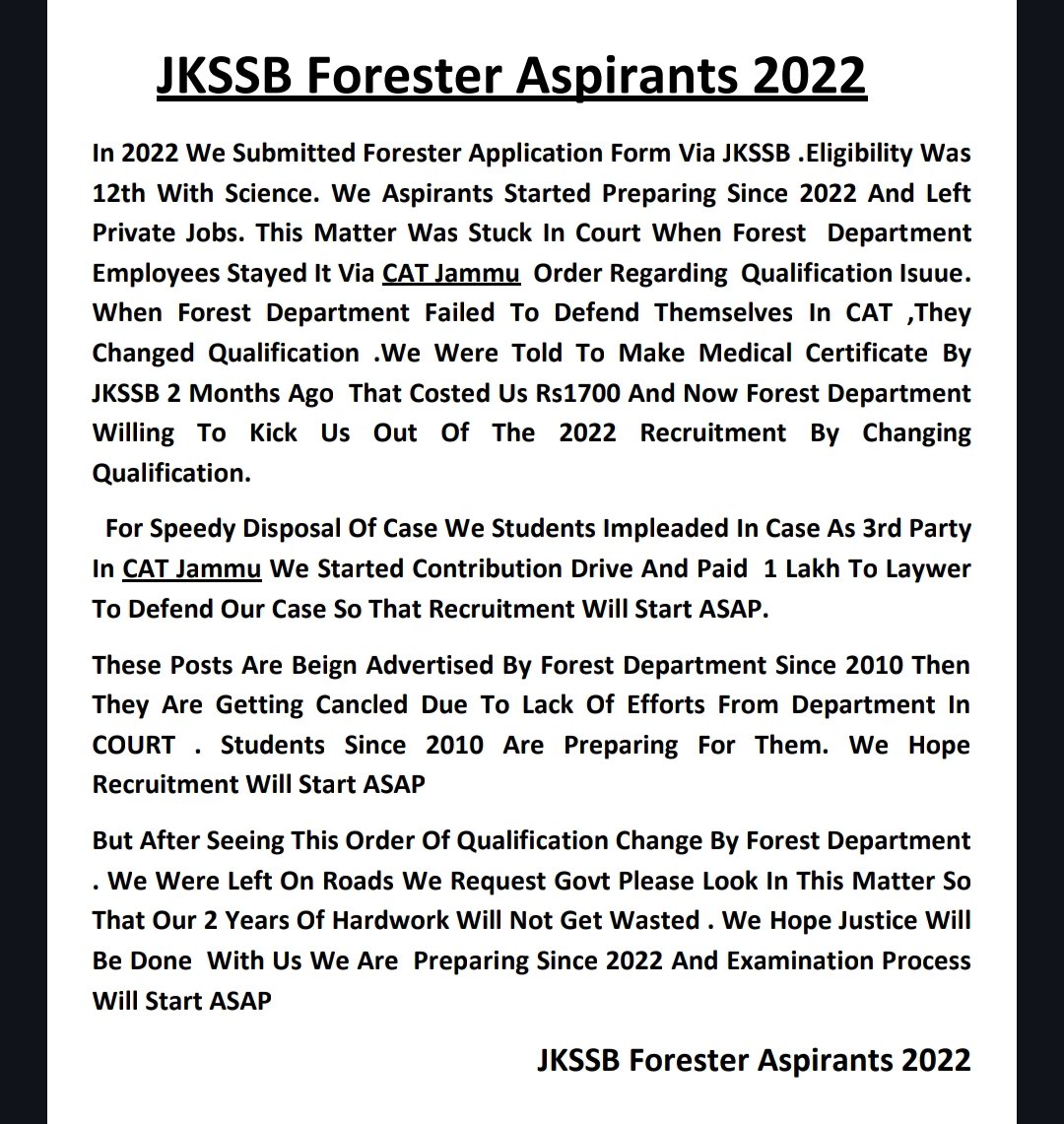 Lakhs of Forest &amp; Ecology Department. aspirants suffering due to Court Case and halted recruitment from last two years.
We have appealed on the behalf of JKSSB aspirants to <a href="/OmarAbdullah/">Omar Abdullah</a> <a href="/OfficeOfLGJandK/">Office of LG J&K</a> <a href="/nasirsogami/">Nasir Sogami</a> Please intervene in this matter and solve this issue ASAP.