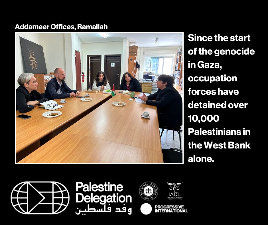 ProgIntl's tweet photo. “Almost every prisoner in Gaza has faced torture, sexual harassment or assault. They strip them, tase them, take pictures to humiliate them. They treat us worse than they treat dogs and cats.”

🇵🇸 Sahar Francis, co-director of @Addameer, tells the @ProgIntl delegation that, “it is worse than it has ever been — because of the humiliation. Detainees have been tortured in the past, but you can emerge from this with a preserved sense of spirit. Israel now seeks to break the spirit and kill their souls. It is humiliation as a tactic of torture.”