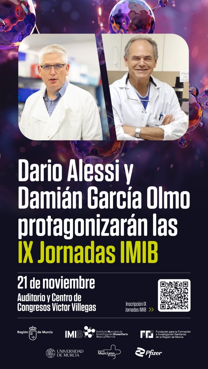 🗓️ Save the date! El próximo 21 de noviembre, tendrán lugar en el Auditorio Víctor Villegas las IX Jornadas IMIB. Contarán con la participación de los doctores Darío Alessi y Damián García Olmo.

👉Inscripciones ya abiertas en jornadaix.imib.es/esalud/usuario…