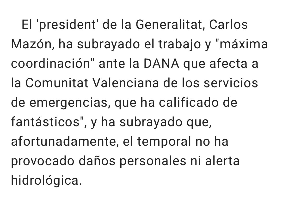 BernarGM's tweet photo. A las 13.00h de ayer, Mazón hacía un llamamiento a la calma y aseguraba que sobre las 18.00h disminuiría la intensidad de la #DANA en la Comunitat Valenciana

La incompetencia del Gobierno valenciano se traduce, ahora mismo, en 51 VÍCTIMAS MORTALES

Deben exigirse dimisiones YA https://t.co/uGjK6MTF6e