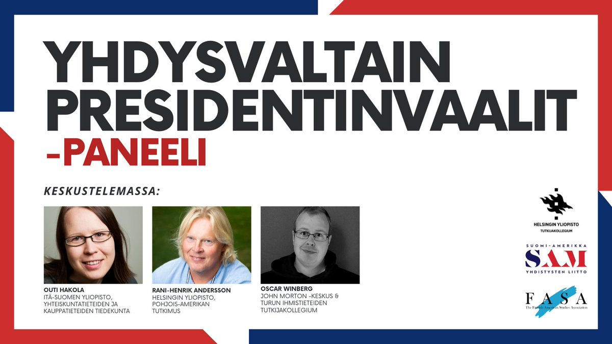 Helsinki Collegium (HCAS) (@hcollegium) on Twitter photo Tänään tutkijakollegiumissa klo 17: Yhdysvaltain presidentinvaalit -paneeli
@SAMsuomi ja <a href="/fasafinland/">The Finnish American Studies Association (FASA)</a> yhteistyössä toteuttamassa presidentinvaalipaneelissa käydään läpi vaalien viimeisimmät asetelmat.
🔗samsuomi.fi/tapahtuma/sam-… Tänään tutkijakollegiumissa klo 17: Yhdysvaltain presidentinvaalit -paneeli
@SAMsuomi ja <a href="/fasafinland/">The Finnish American Studies Association (FASA)</a> yhteistyössä toteuttamassa presidentinvaalipaneelissa käydään läpi vaalien viimeisimmät asetelmat.
🔗samsuomi.fi/tapahtuma/sam-…
