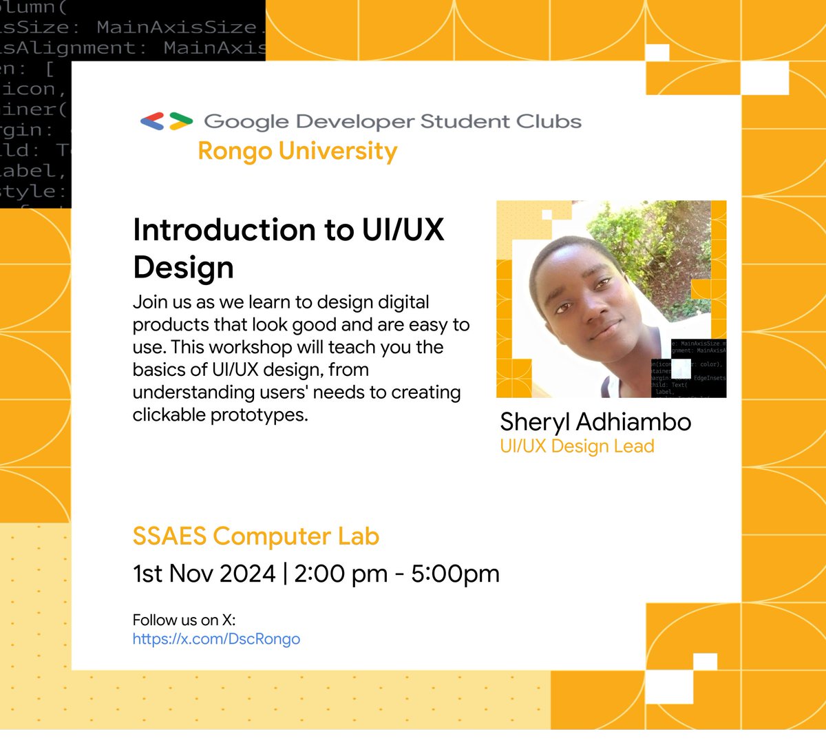 Introduction to UI/UX Design

📍Computer Science Lab 
🗓️Friday, Nov 1st 
⌛2:00PM - 5:00PM
👨‍💼Sheryl Adhiambo - UI/UX design lead

Join Our WhatsApp Community: chat.whatsapp.com/FpLKoqfnZGuFah…