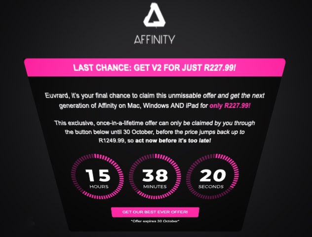 Euvrard_Loubser's tweet image. 🚨 Last chance for Affinity Suite for ONLY R250 (~$15)! 😮🤯 still been on V1 😵just updated. V2 looks awesome  live collaboration, non-destructive RAW, vector warp tools in Designer, streamlined layout tools in Publisher! blown away🤯 #AffinityV2 #adobealternative #CreativeSuite