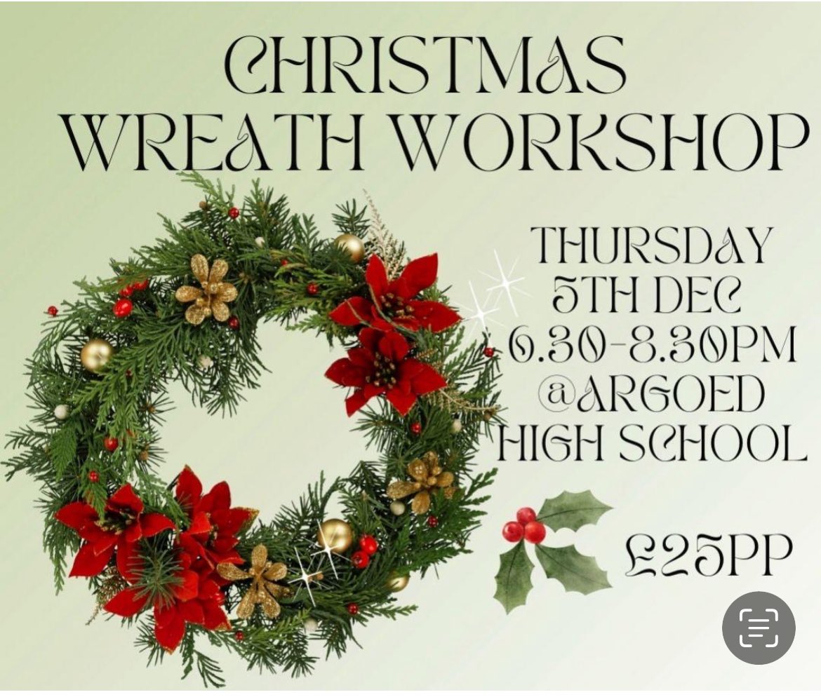 Come and join us to make beautiful festive wreaths!
🎅🏽 December 5
🕰️ 6.30pm-8.30pm
📍 Argoed High School

pay.sumup.com/b2c/QQUMB5JY