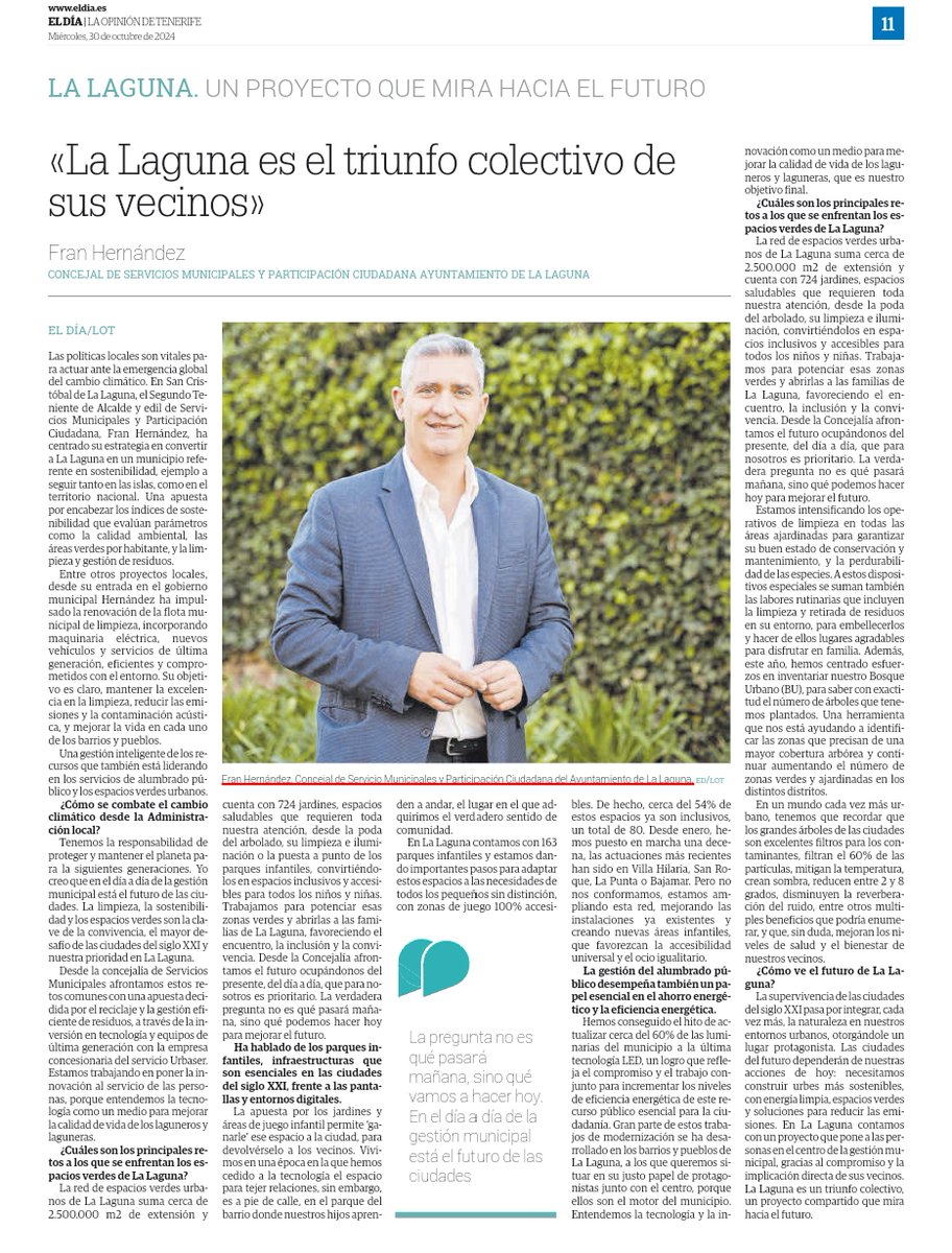 📰Compartimos la entrevista en <a href="/eldia/">El Día</a>  a <a href="/franlalaguna/">Fran Hernández</a> , nuestro concejal de Servicios Municipales y Participación Ciudadana en #LaLaguna, donde habla de las nuevas políticas que está aplicando en sus áreas de gobierno y la importante aportación ciudadana en la gestión diaria.