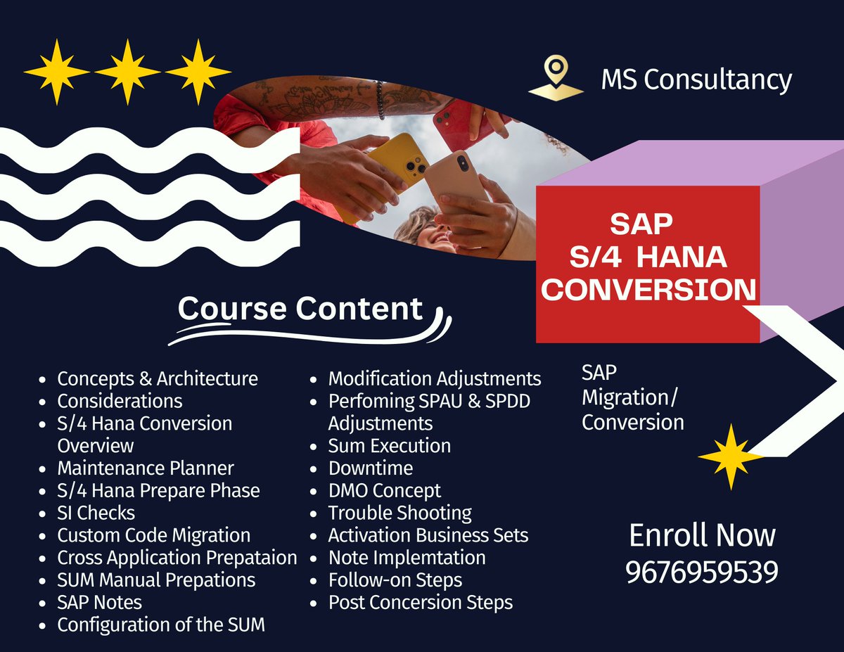 Msconsultancy23's tweet image. SAP S/4 Hana Conversion/ Migration Online Training. To register please call us on 9676959539.
#SAPOSDBMigration
#SAPConversion
#S4HANAConversion
#SAPDataMigration
#SAPHANAMigration
#SystemConversion
#OSDBMigration
#SAPDatabaseMigration
#S4HANAMigration
#SAPTransformation