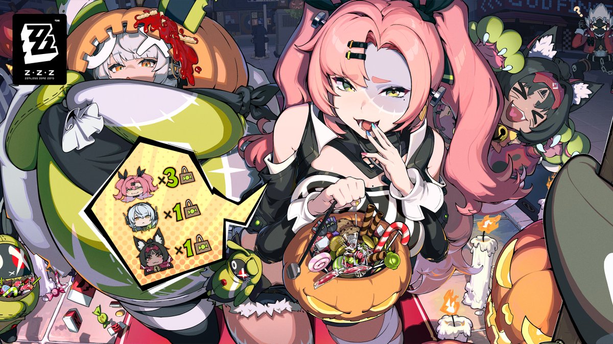 ZZZ_EN's tweet photo. #HappyHalloween

"Trick or treat, Proxy."
"Trick! If we don't get enough candy, hehe!"
"Five extra large packs of candy, please! Billy doesn't need any. You're welcome, by the way~"
"Boss?! That's not fair!"
"Ehn-ne-ne-ehn-ne!" (Translation: The managers are out. Please return later.)

#zzzero #zenlesszonezero