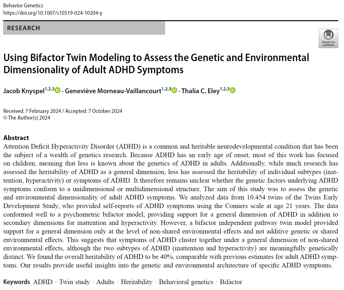 BehaviorGenetic's tweet image. New study on ADHD with 10,454 twins suggests adult ADHD symptoms (overall heritability ~40%) cluster under a general dimension shaped by unique environmental factors. Inattention and hyperactivity subtypes also show distinct genetic influences 🧬🧠
Paper: link.springer.com/article/10.100…