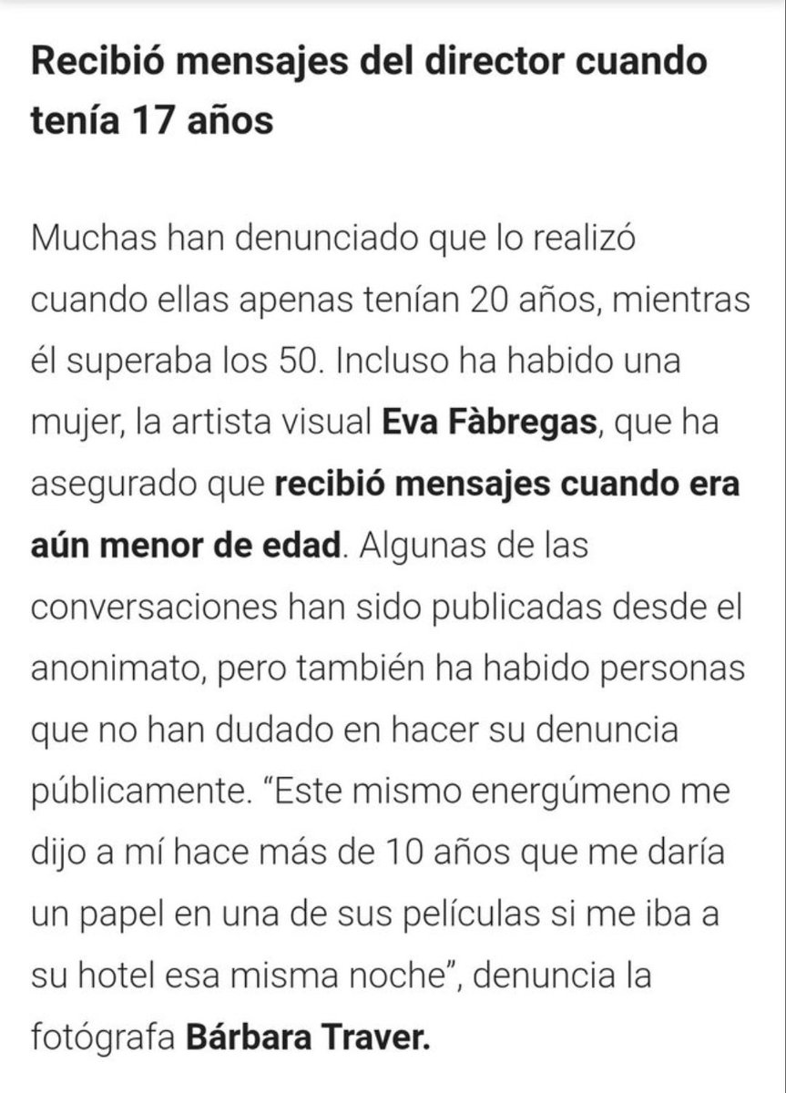 OcheRadfem's tweet image. Eva Fábregas denuncia que recibió mensajes de contenido sexual de #EduardCortes cuando aún era menor  y Bárbara Traver que le prometió un papel si iba la misma noche al hotel donde se hospedaba el director. 
#AbusoDePoder #ViolenciaSexual