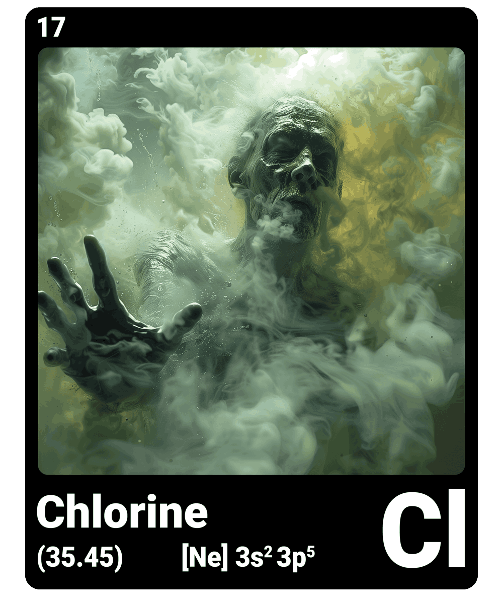 br_AI_king's tweet image. This is what it looks like when AI gives the chemical element #chlorine a face - find all #ChemicalElement in the bio #ScienceArt