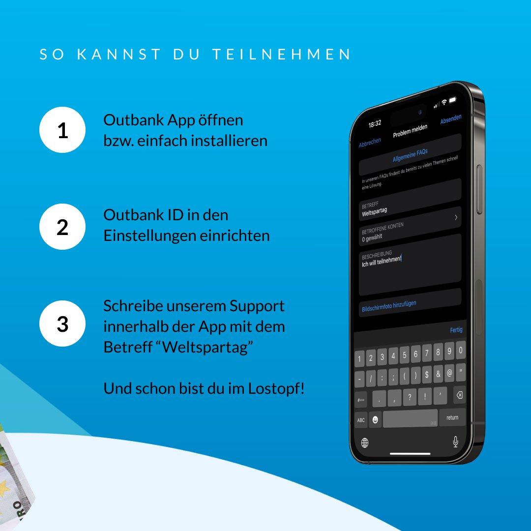 Zur Feier des 100ten Weltspartages, verlosen wir an drei glückliche Sparer jeweils 100 Euro. Nimm für eine Chance zu gewinnen gerne teil. Wie das geht, erfährst du hier: outbankapp.com/weltspartag-sp…

#outbank #outbankapp #weltspartag #WorldSavingsDay #spartipps #raffle #verlosung